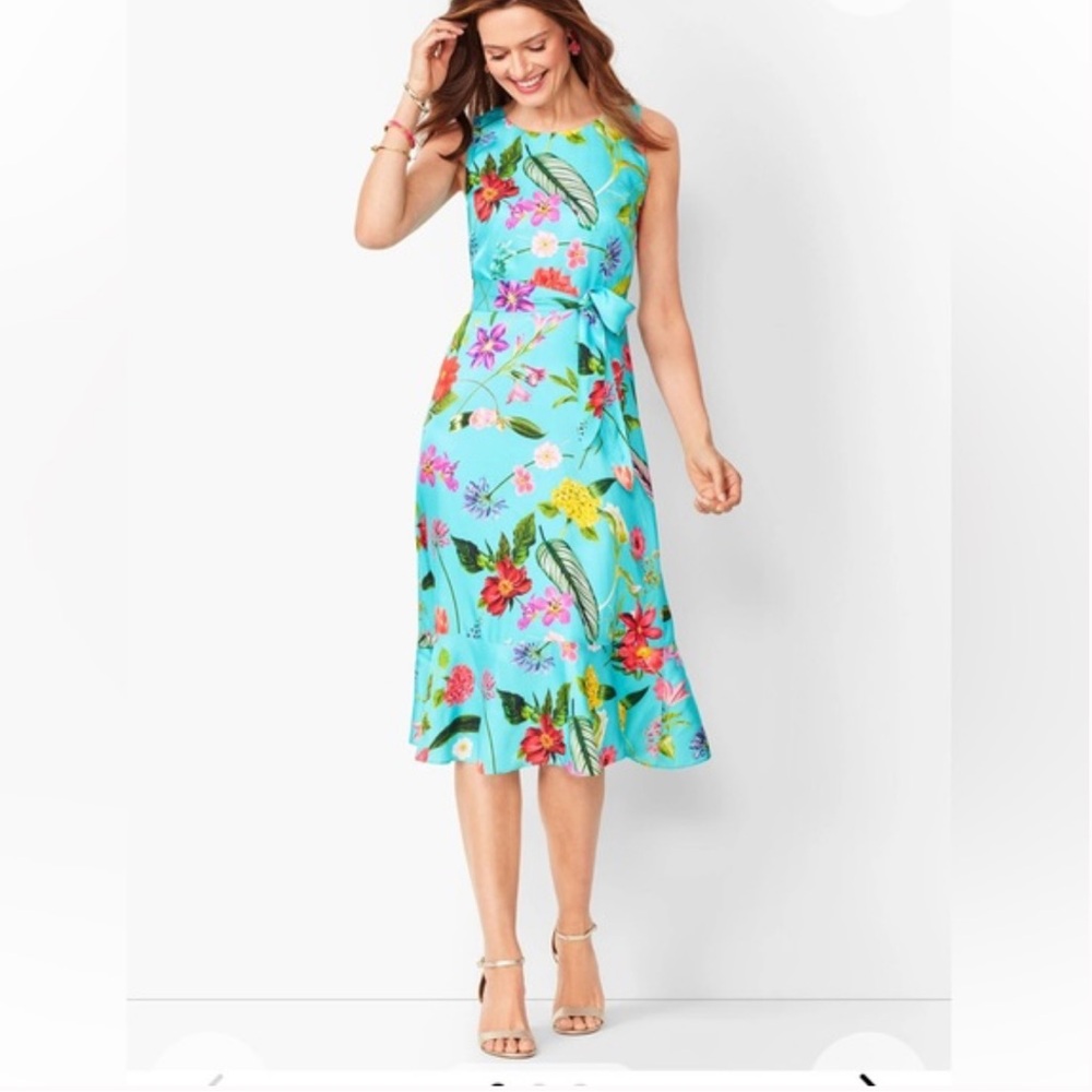 Talbots Aqua Floral Midi Dress with Multicolor Tropical Print